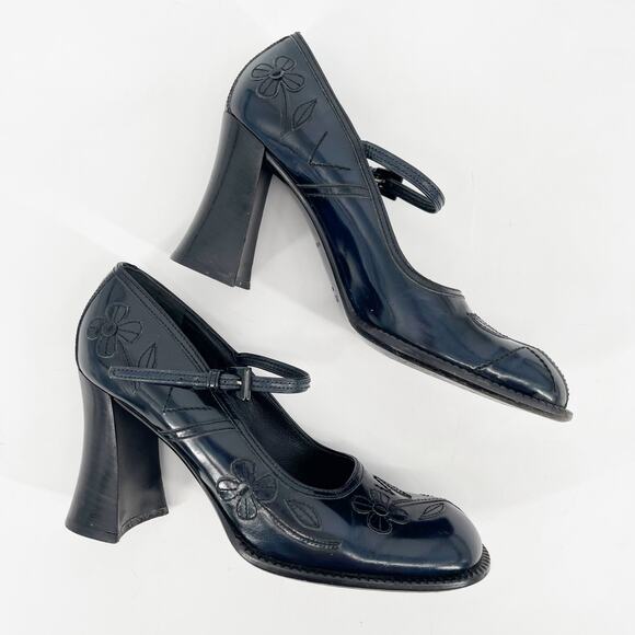 Vintage Prada 1996 Blue Leather Floral Appliqué Block Heel Mary Jane Pumps IT 39 - Picture 5 of 15